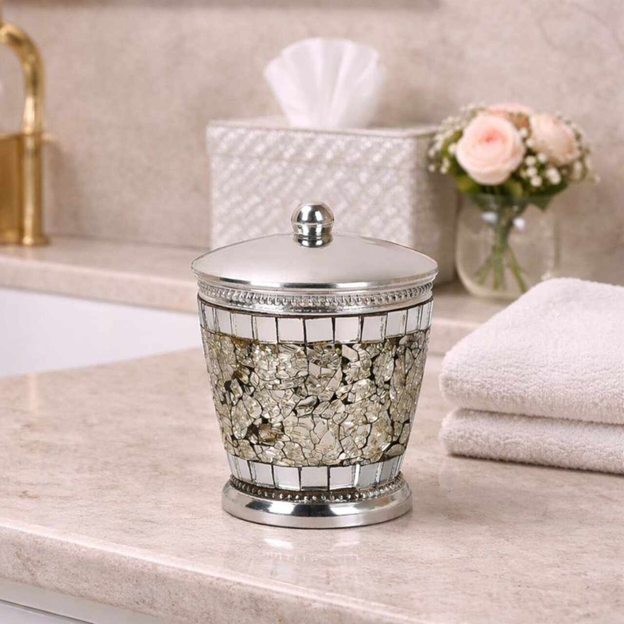 Vanity Jar | Stylish Storage for Swabs, Sponges & Bath Salts | Decorative Canister with Ice Mosaic Finish